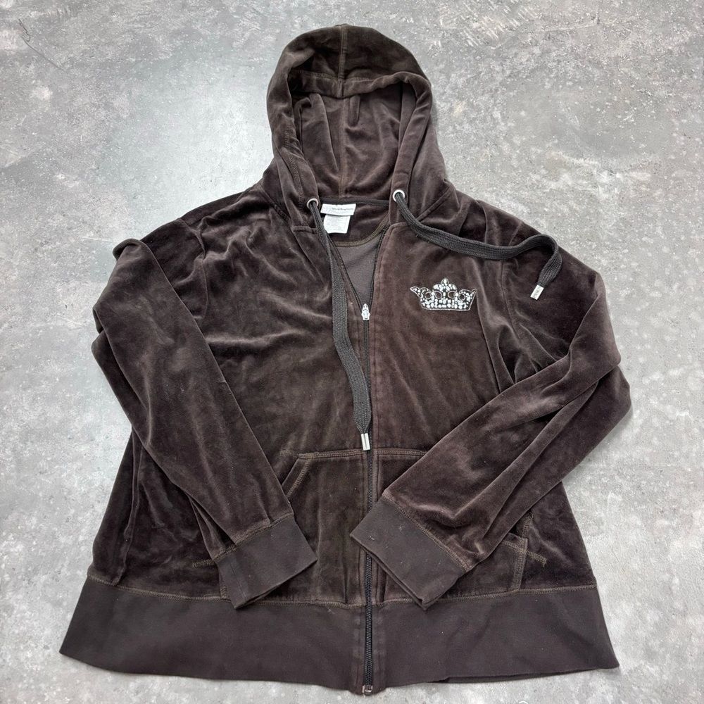 Walt Disney World Jeweled Crown Brown Velvet Full Zip Hoodie Womens XXL